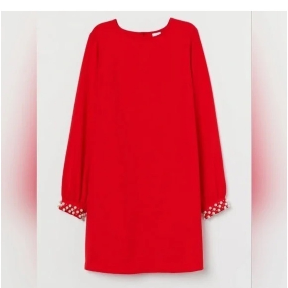Red Long Sleeve Dress with Pearl Cuffs SIZE 12 H&M